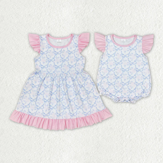 Rts Baby Girls Blue Bows Sibling Sister Rompers Dresses