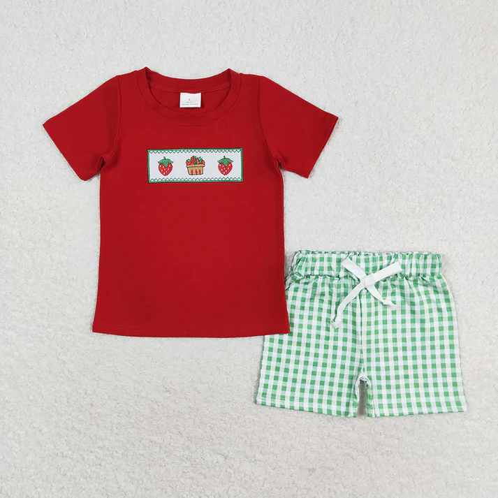 RTS NO MOQ Baby Boys Red Strawberry Cake Sibling Brother Rompers Clothes Sets
