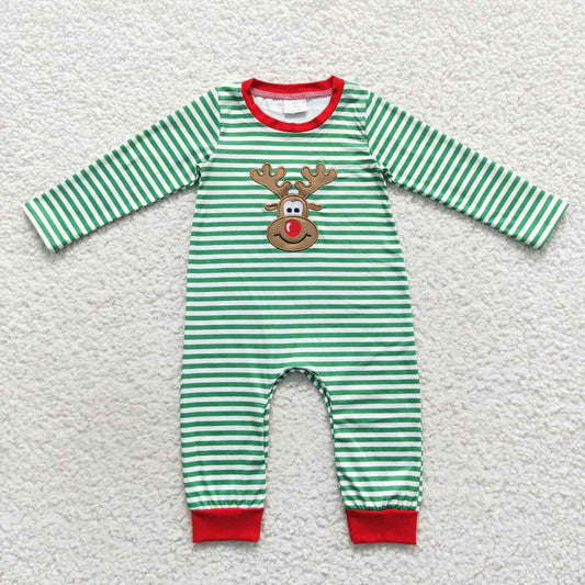 LR0338 Boys Embroidered Elk Green Stripe Christmas Long Sleeve Bodysuit