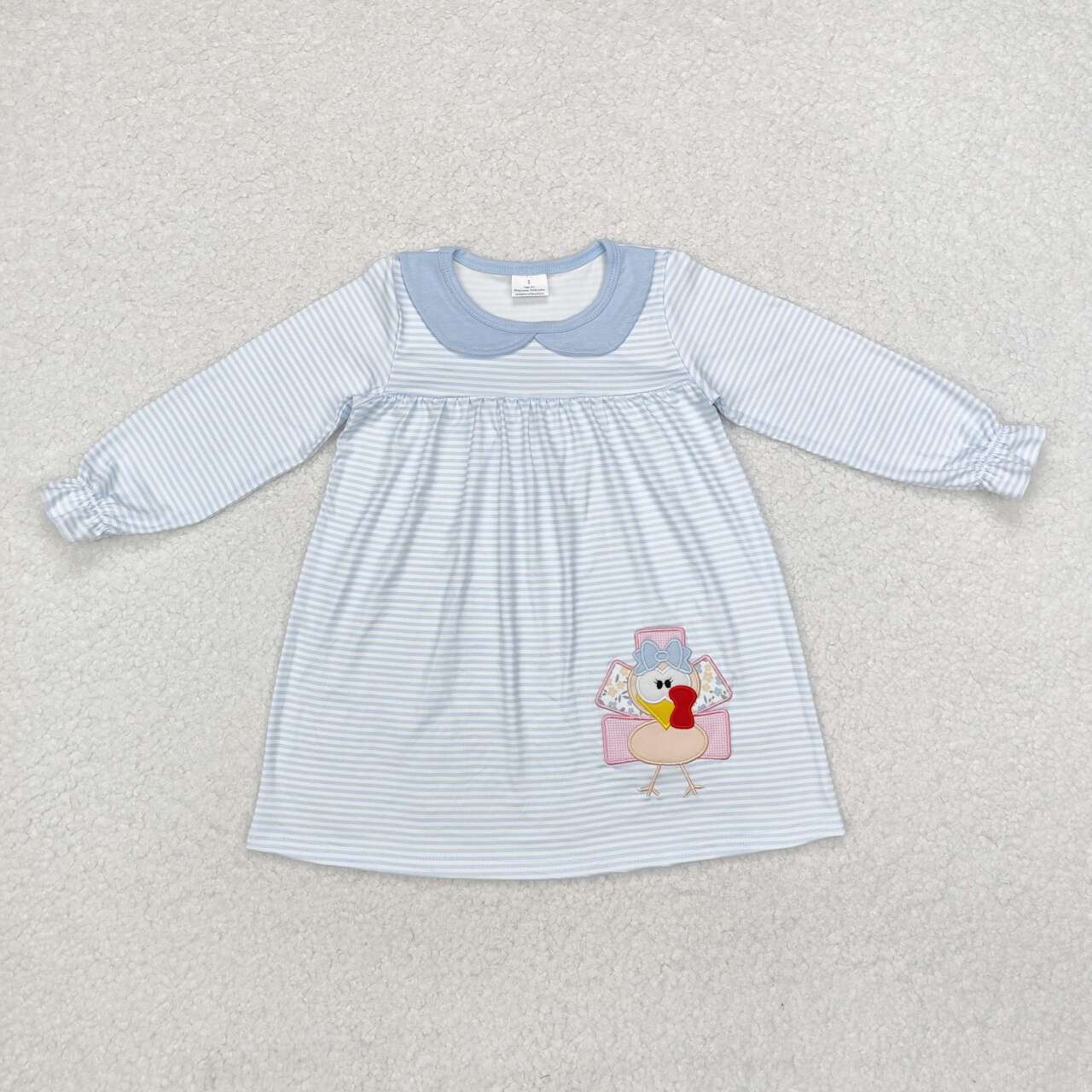 RTS NO MOQ ETA 5/7days arrived GLD0603 Embroidered turkey stripe blue doll collar long-sleeved dress