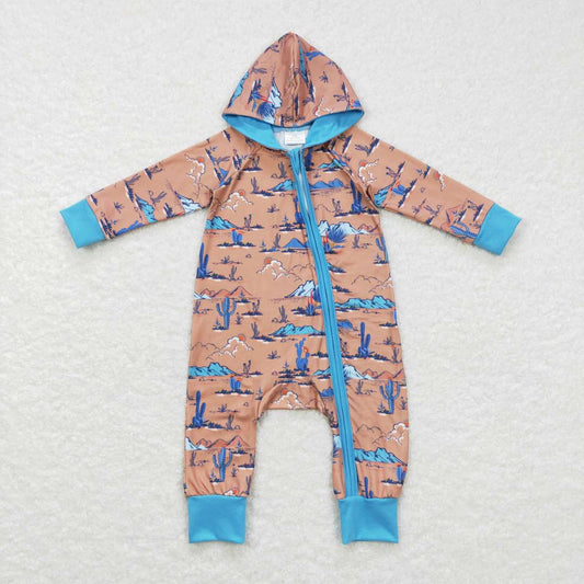 LR0702 Desert Cactus Brown Blue Hooded Zip Long Sleeve Jumpsuit