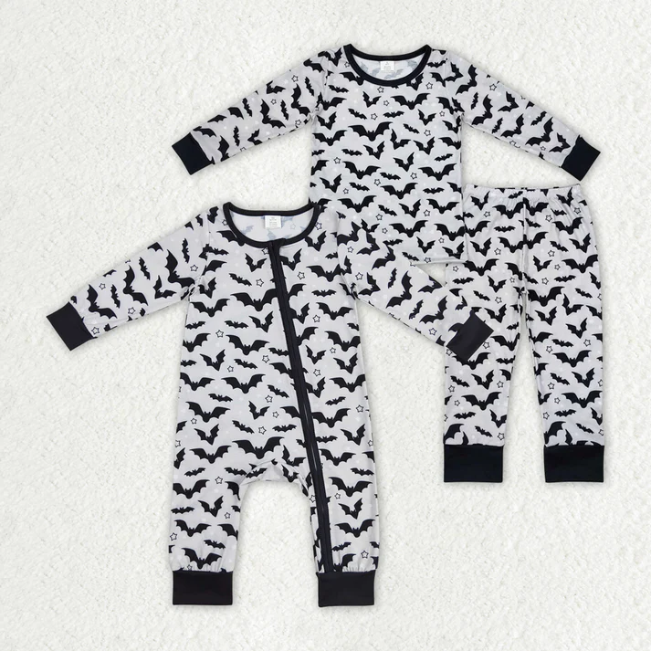 RTS NO MOQ Halloween Grey Bats Bamboo  Sibling Brother Bamboo Pajamas Clothes  50%cotton +45%bamboo +5%spandex