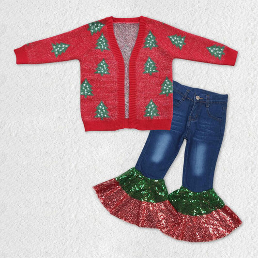 GT0356 White Polka Dot Christmas Tree Red Long Sleeve Sweater Cardigan+P0113 Red green sequined denim trousers