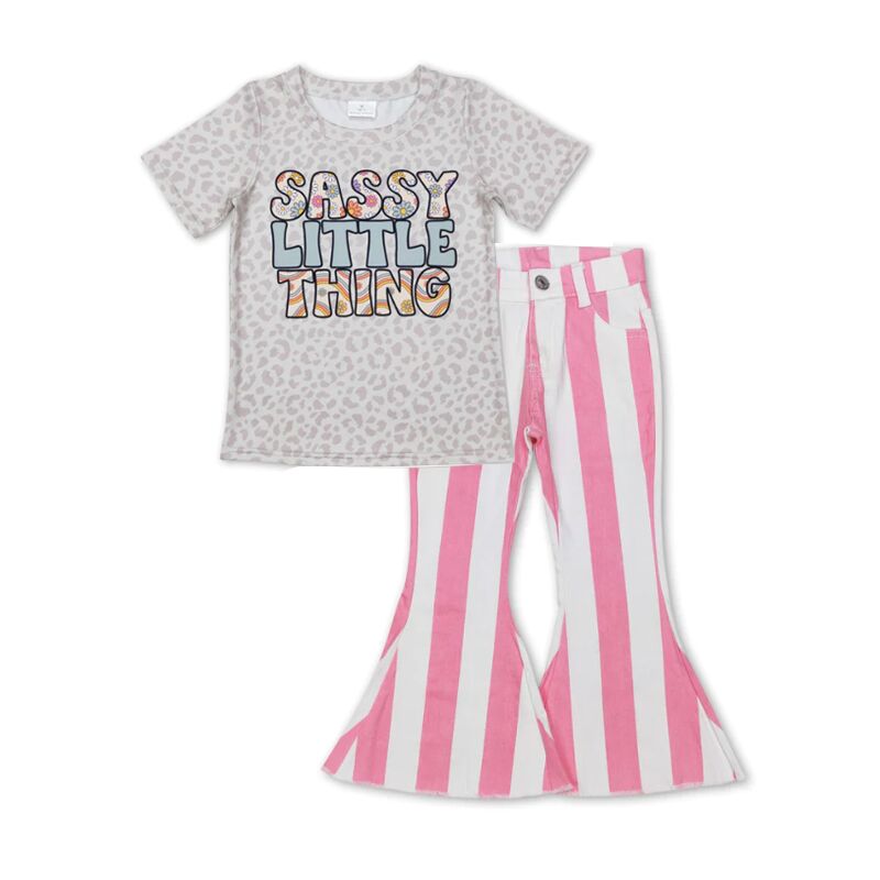 P0315 Pink and white striped denim trousers+GT0401 sassy little thing letter flower leopard print short-sleeved top