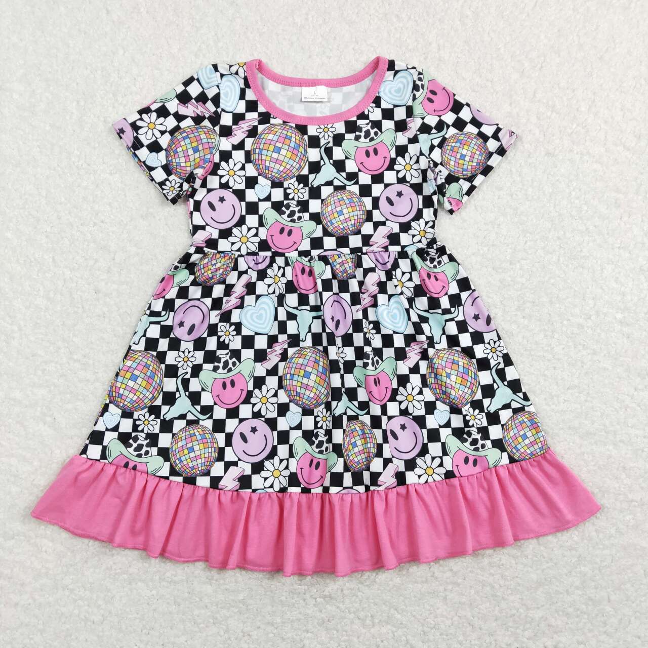 GSD0757 disco light ball smiley face lightning love flower black and white plaid short-sleeved dress