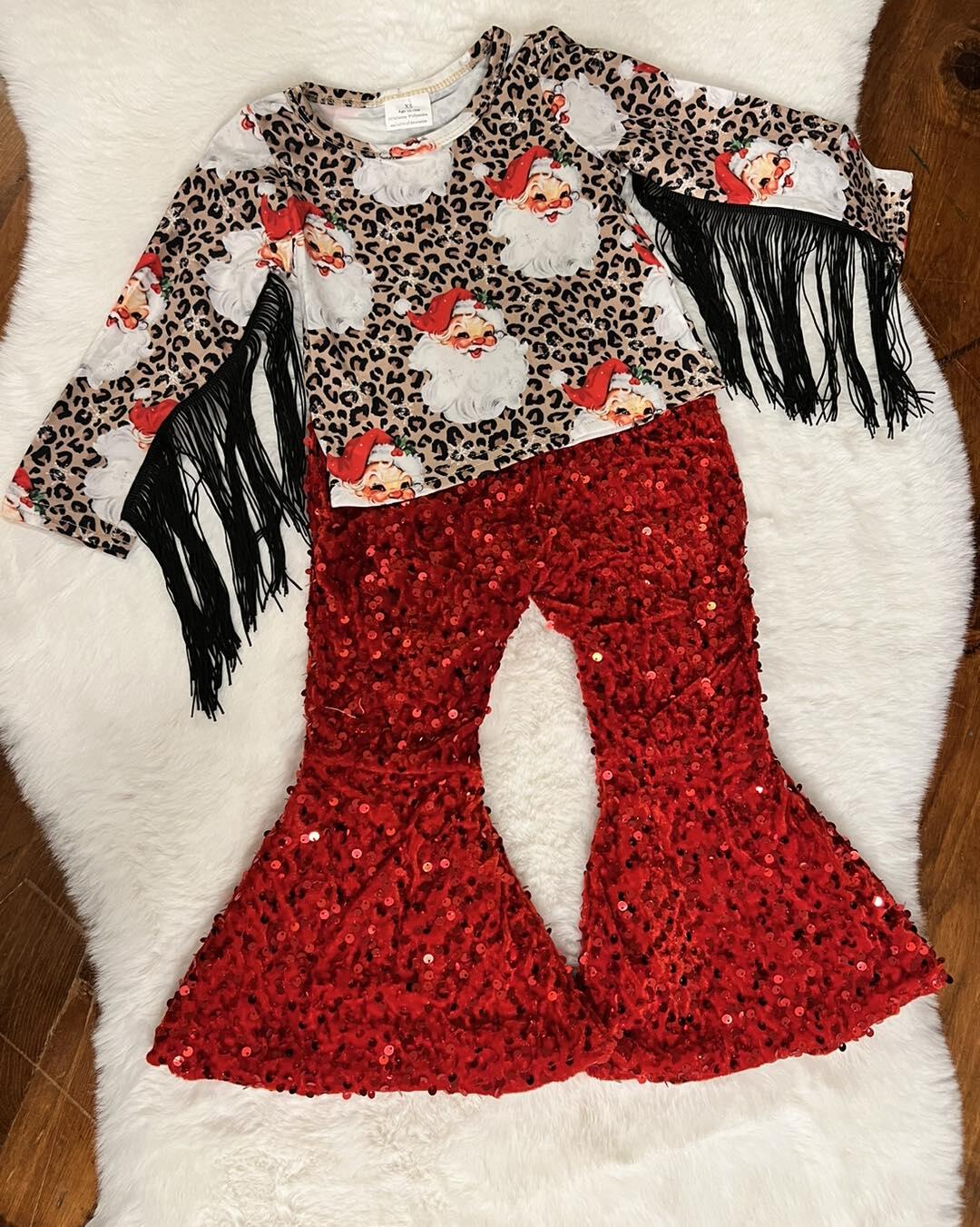 GT0186 Santa leopard print fringed top+B4-11 Red sequin flared pants