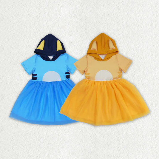 RTS Baby Girls Blue Orange Dogs Ears Sibling Sister Tutu Knee Length Dresses tull dress