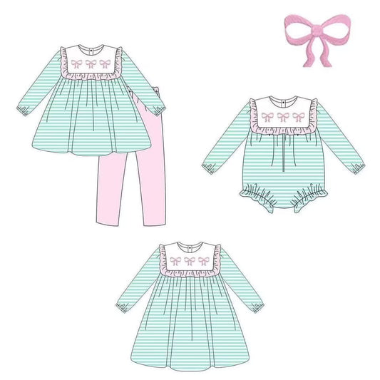 Custom moq 3 MIX SIZE eta 7/8week moq 5 eta /4/5week Pink pleated square neck bow pattern green striped mixed suit