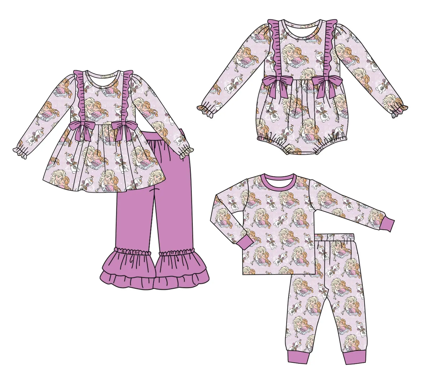 Custom moq 3 MIX SIZE eta 7/8week moq 5 eta /4/5week Snowman & Braid Girl Pattern Light Purple Mixed Set