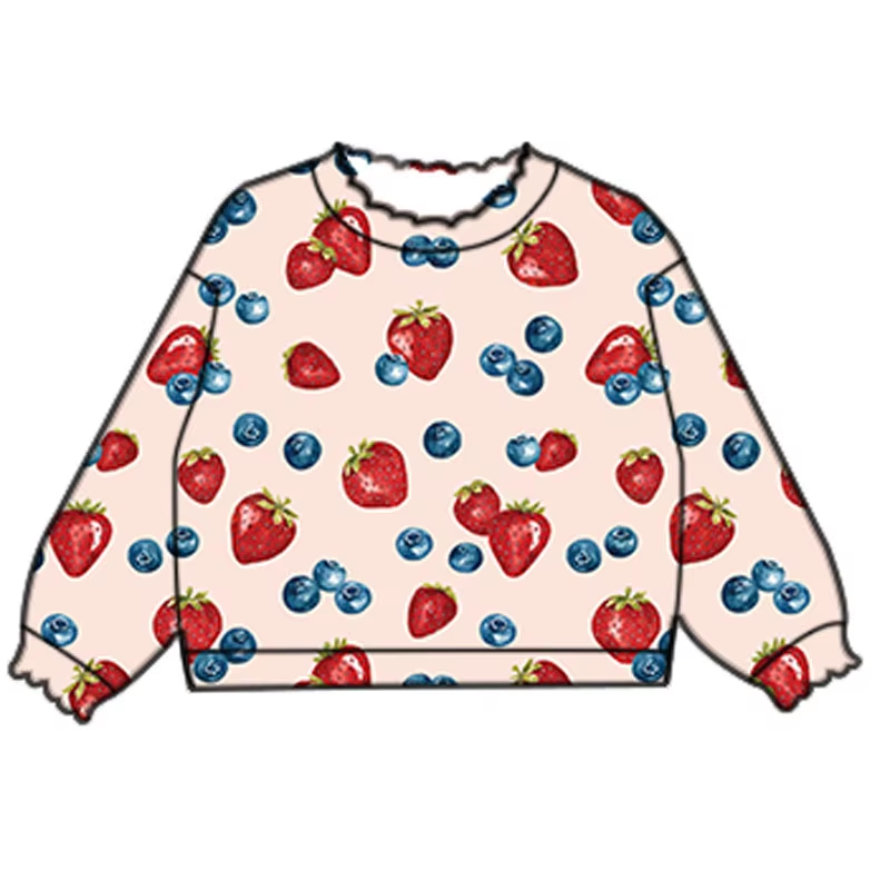 Custom moq 3 eta 7/8week moq 5 eta /4/5week Strawberry-Blueberry Pattern Dark Skin Pleated Elastic Neck Pullover