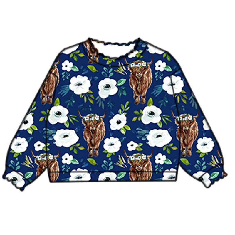 Custom moq 3 eta 7/8week moq 5 eta /4/5week White Flowers-Brown Yak Dark Blue Pleated Elastic Neck Pullover Sweatshirt