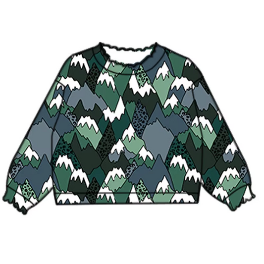 Custom moq 3 eta 7/8week moq 5 eta /4/5week Dark green snow mountain pleated elastic neckline pullover sweatshirt