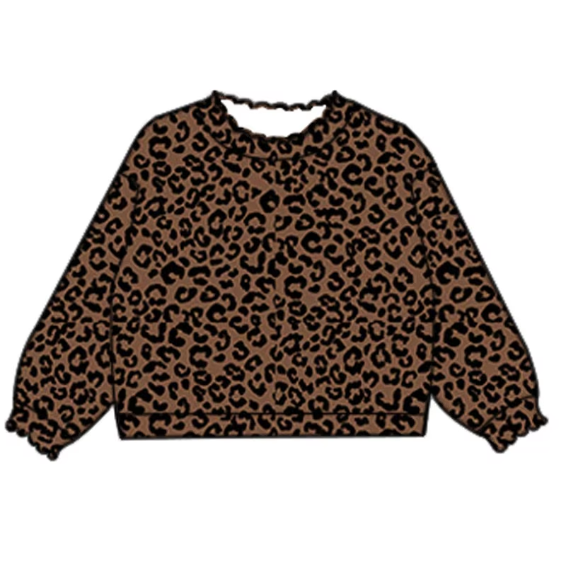 Custom moq 3 eta 7/8week moq 5 eta /4/5week Black leopard print brown pleated elastic neckline pullover sweatshirt