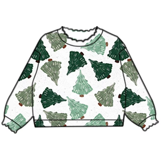 Custom moq 3 eta 7/8week moq 5 eta /4/5week Dark Green Christmas Tree Polka Dot Pleated Elastic Neck Pullover Sweatshirt