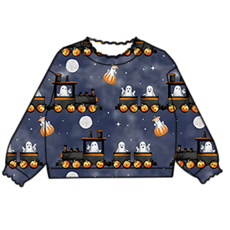 Custom moq 3 eta 7/8week moq 5 eta /4/5week Halloween Pumpkin Train - Little Ghost Tie-Dye Black Pleated Elastic Neck Pullover Sweatshirt