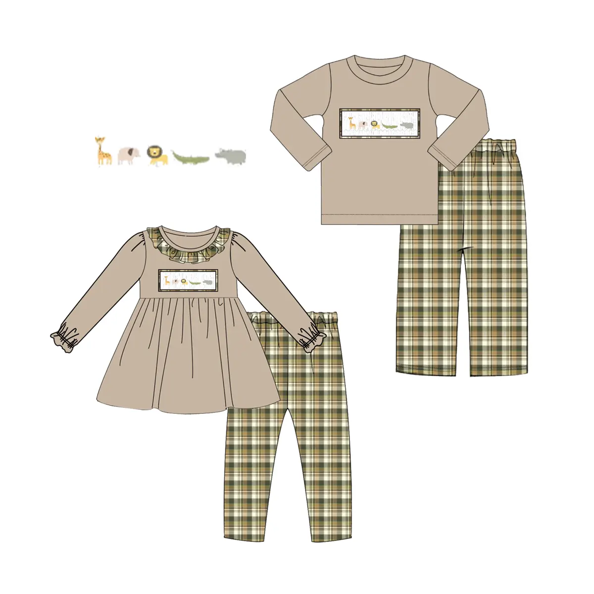 Custom moq 3 MIX SIZE eta 7/8week moq 5 eta /4/5week Boys Girls Animal World Tan Long Sleeve Outfit