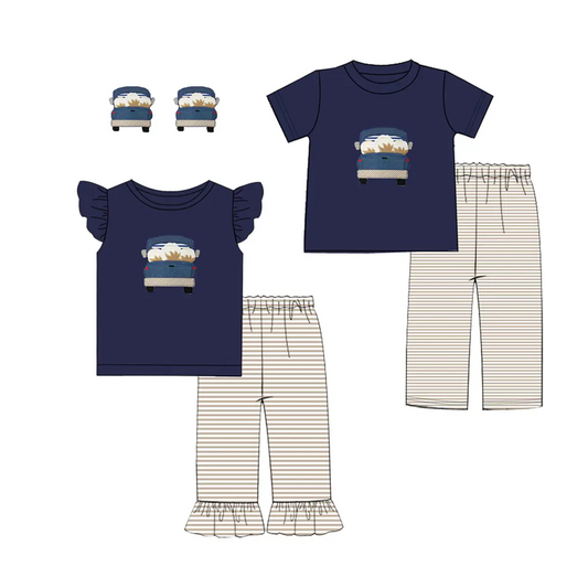 Custom moq 3 MIX SIZE eta 7/8week moq 5 eta /4/5week Boys and Girls Navy Blue Short Sleeve Top with Embroidered Truck Pattern and Brown Striped Pants Set