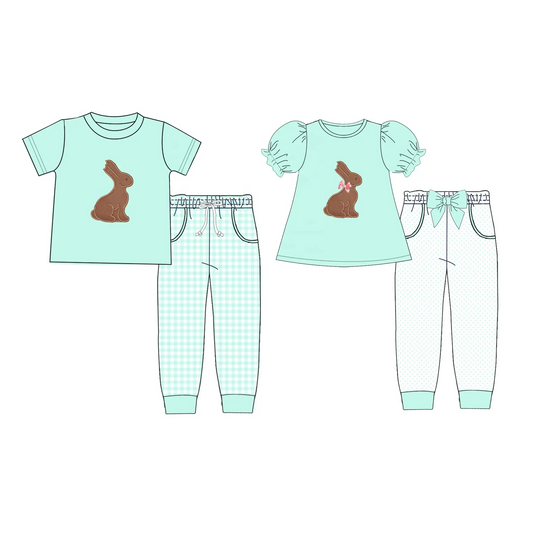 Custom moq 3 MIX SIZE eta 7/8week moq 5 eta /4/5week Embroidered rabbit pattern lake green short-sleeved trousers mixed set