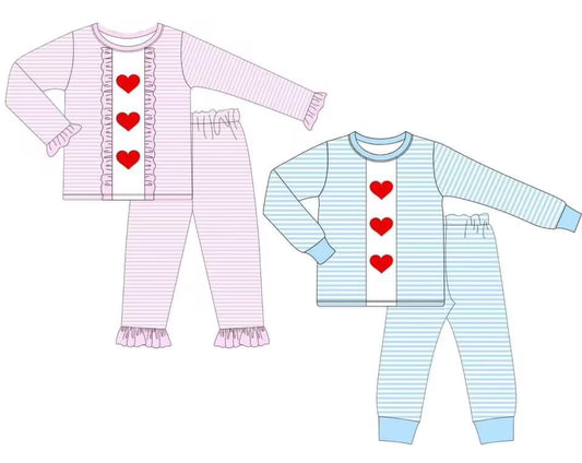 Custom moq 3 MIX SIZE eta 7/8week moq 5 eta /4/5week Love heart pink striped long-sleeved suit & love heart blue striped long-sleeved suit