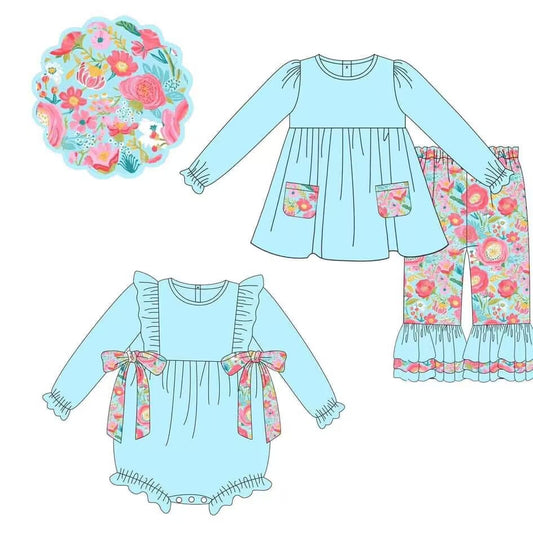 Custom moq 3 MIX SIZE eta 7/8week moq 5 eta /4/5week Pink bud pattern sky blue long-sleeved suit & crawler suit combination suit