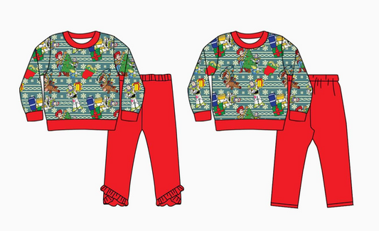 Custom moq 3 MIX SIZE eta 7/8week moq 5 eta /4/5week Boy Carrying Christmas Tree Pattern Boys Girls Red Long Sleeve Outfit