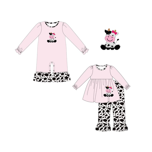 Custom moq 3 MIX SIZE eta 7/8week moq 5 eta /4/5week Pink Cow Pattern Romper & Long Sleeve Set