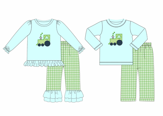 Custom moq 3 MIX SIZE eta 7/8week moq 5 eta /4/5week Embroidered Chimney Car Head Pattern Boys Girls Sky Blue Long Sleeve-Green Plaid Pants Set