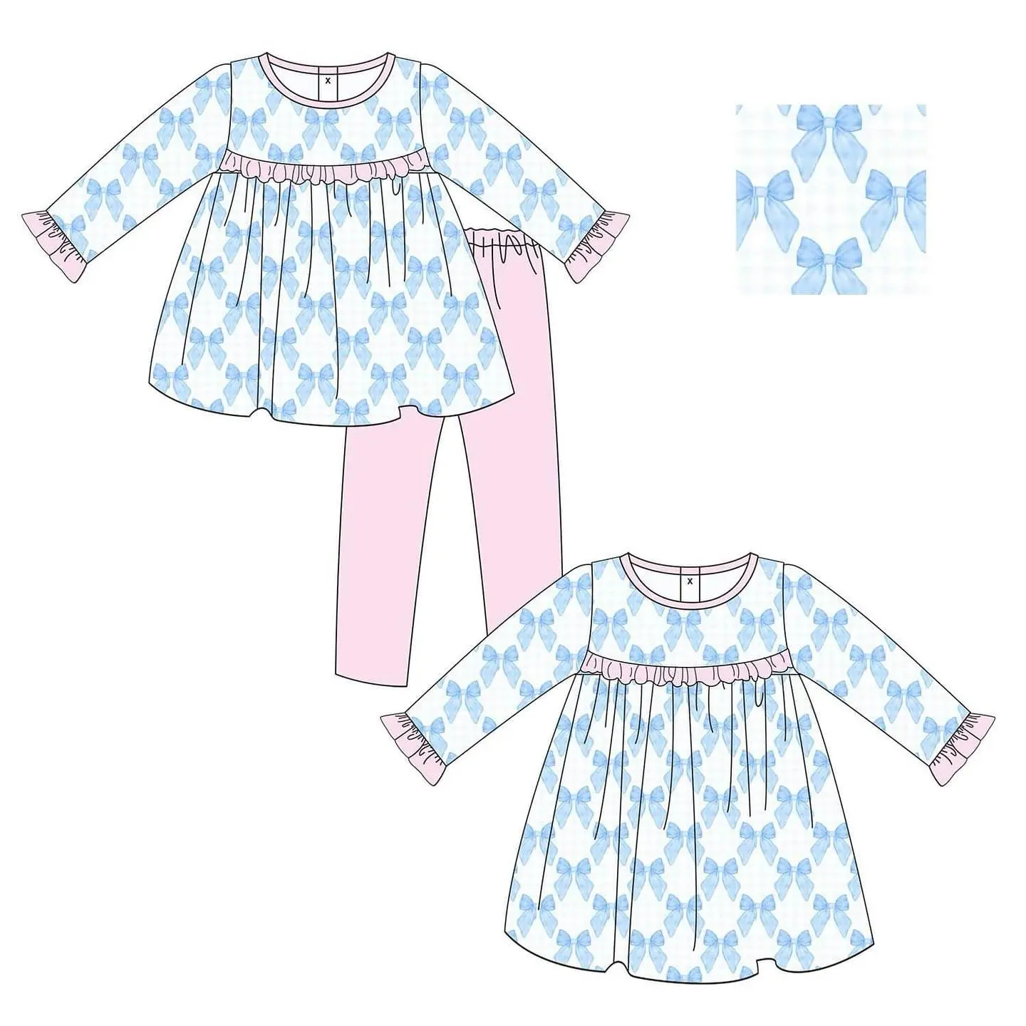 Custom moq 3 MIX SIZE eta 7/8week moq 5 eta /4/5week Sky blue bow print pattern pink pleated waist belt mixed set