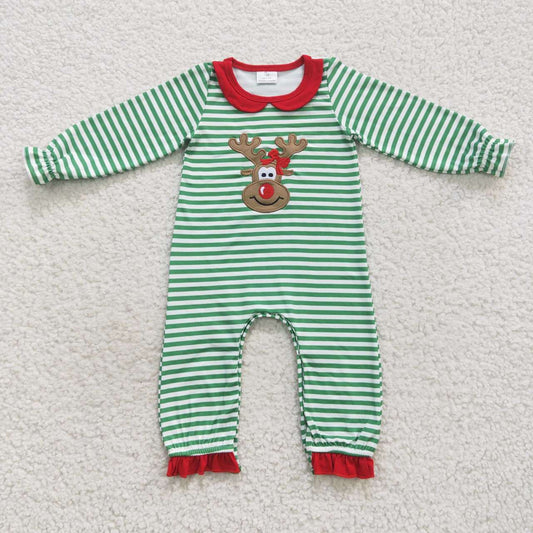 LR0339 Girls Embroidered Elk Green Stripe Christmas Long Sleeve Bodysuit