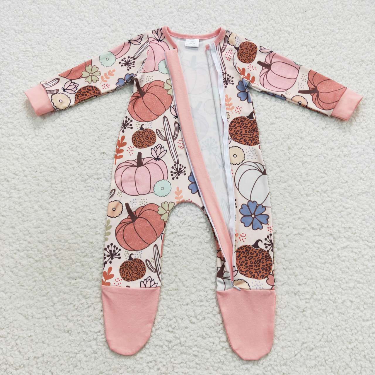 LR0553 Pumpkin Cactus Blossom Beige Zip Long Sleeve Bodysuit