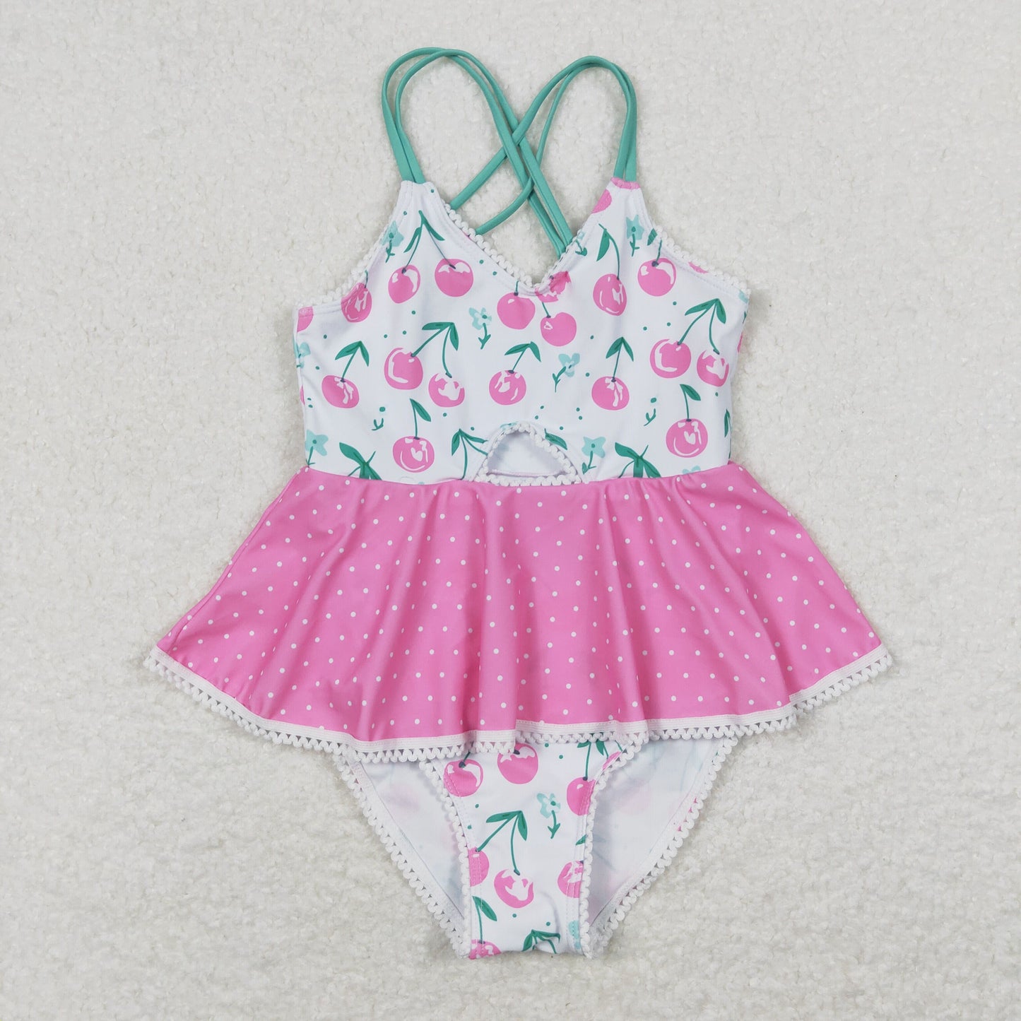 S0251 Cherry polka dot lace pink and white suspender one-piece swimsuit