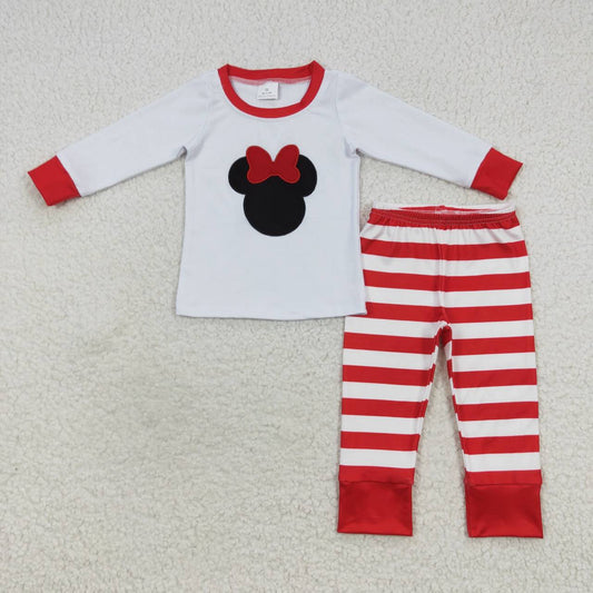 GLP0508 Embroidered cartoon bow Mickey and Minnie red and white striped long-sleeved trouser suit