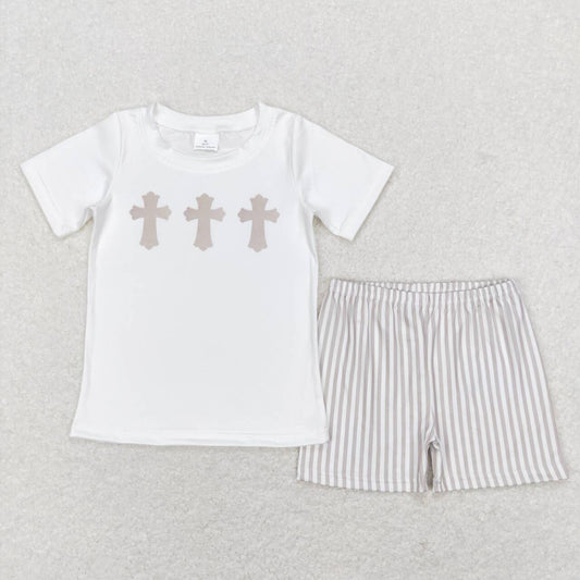 BSSO0354 Cross white short sleeve brown striped shorts suit