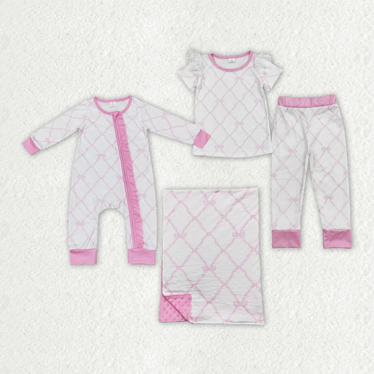 RTS NO MOQ Baby Girls Bamboo Pink Bows Sibling Rompers Bamboo Pajamas Clothes Sets