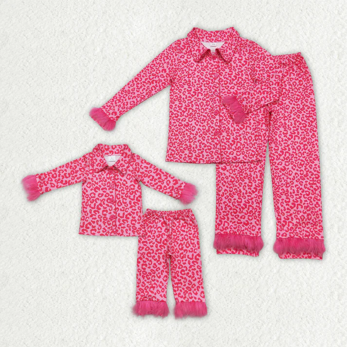 RTS NO MOQ  Mommy and Me Dark Pink Leopard Buttons Fur Pajamas Clothes Sets