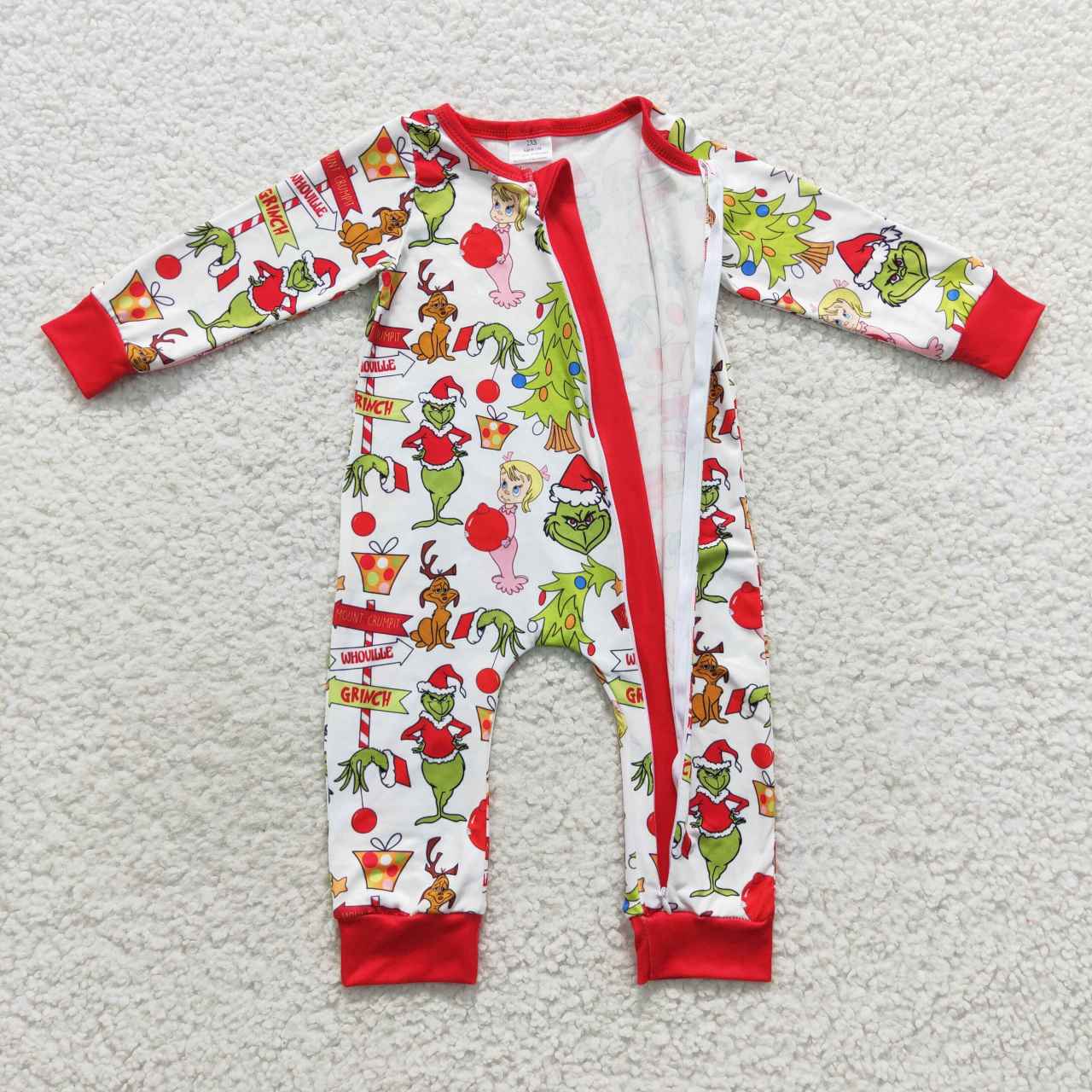 LR0530 Boys Christmas Grinch Zipper Long Sleeve Bodysuit