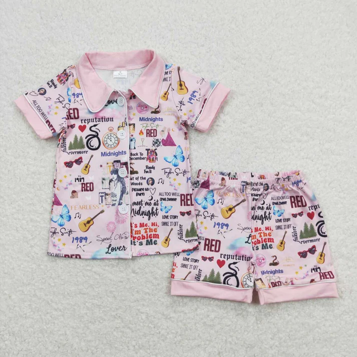 RTS NO MOQ Baby Girls Singer Sibling Buttons Shirts Shorts Pajamas Clothes Sets  1989 pajamas match style