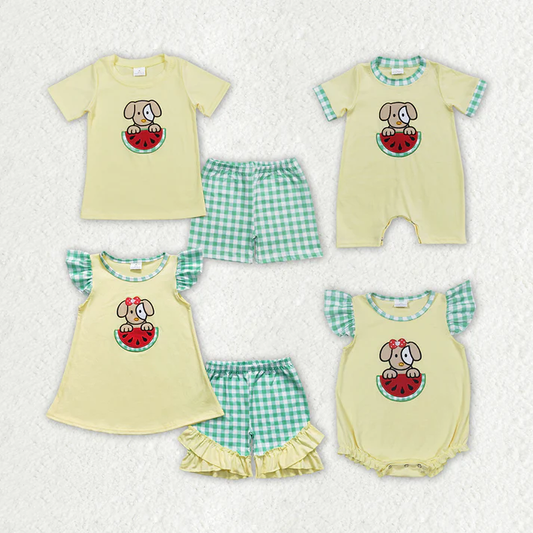 RTS NO MOQ  Baby Girls Dog Watermelon Sibling Boys Rompers Shorts Clothes Sets embroidery