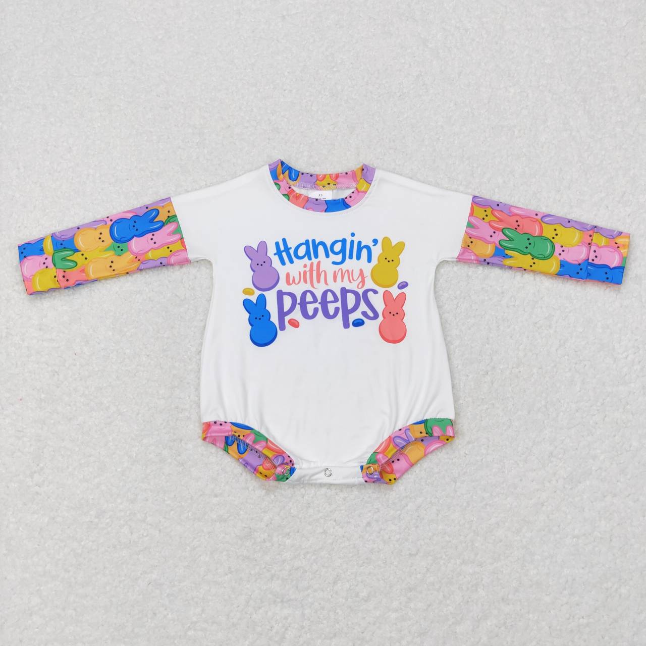 LR0792 hangin' with my peeps alphabet colorful bunny white long sleeve jumpsuit