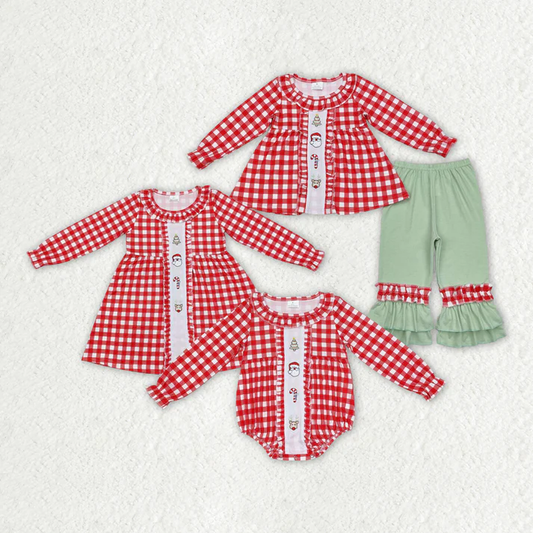 RTS NO MOQ Shipping time 5-7days embroidery Checkered Santa Christmas Sibling Rompers Dresses Clothes Sets