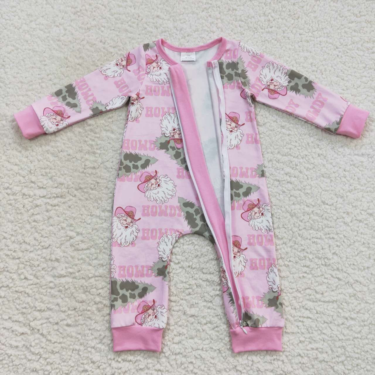 LR0548 Howdy Santa Tree Pink Zip Long Sleeve Onesie