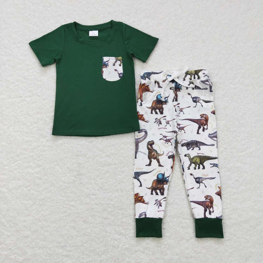 BSPO0181 Dinosaur Pocket Green Short Sleeve White Pants Suit