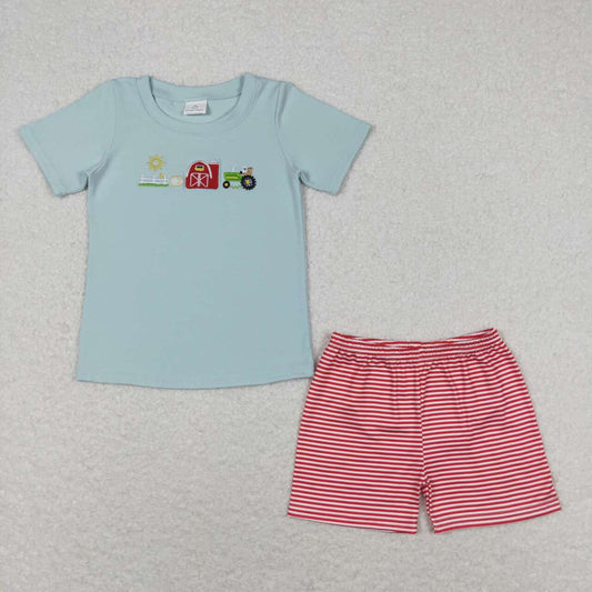 RTS	  BSSO0702Embroidery Farm Sun Red House Tractor Short Sleeve Red Striped Shorts Set
