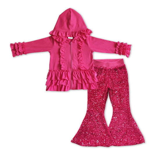 GT0020 Girls' Rose Red Hooded Zip Long Sleeve Jacket+P0112 Rose sequined trousers