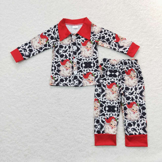 BLP0185 Santa cow print red collar button long sleeve trousers suit