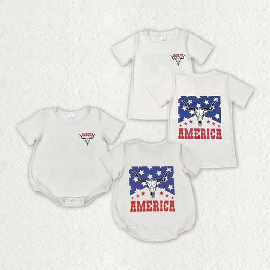 RTS Baby Boys Cow 4th Of July Short Sleeve Sibling Brother Rompers Tee Tops