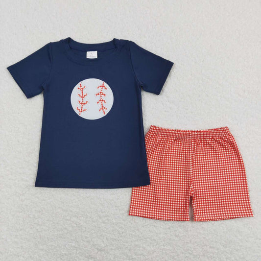 BSSO0404 Embroidered baseball navy blue short-sleeved red and white plaid shorts suit