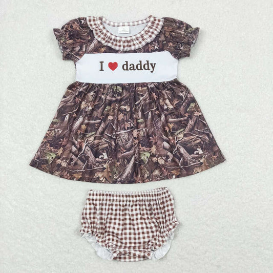 RTS GBO0320I love daddy embroidered letters brown plaid lace branches and leaves short-sleeved briefs suit