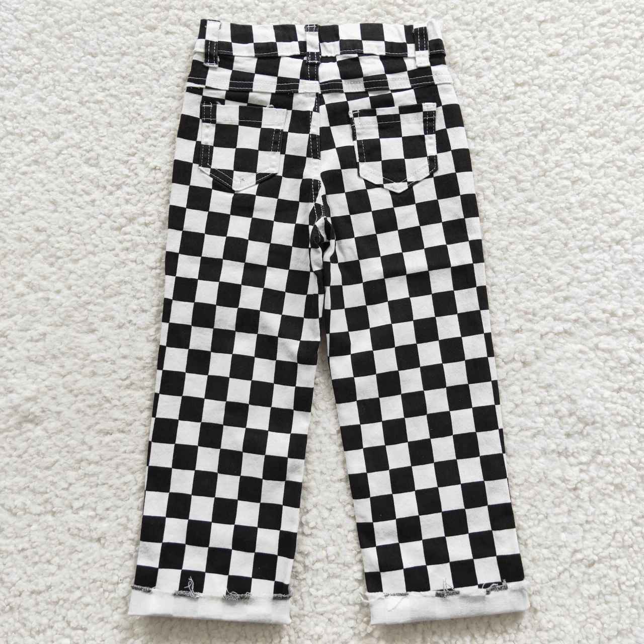 P0122 Black and white plaid ripped denim trousers