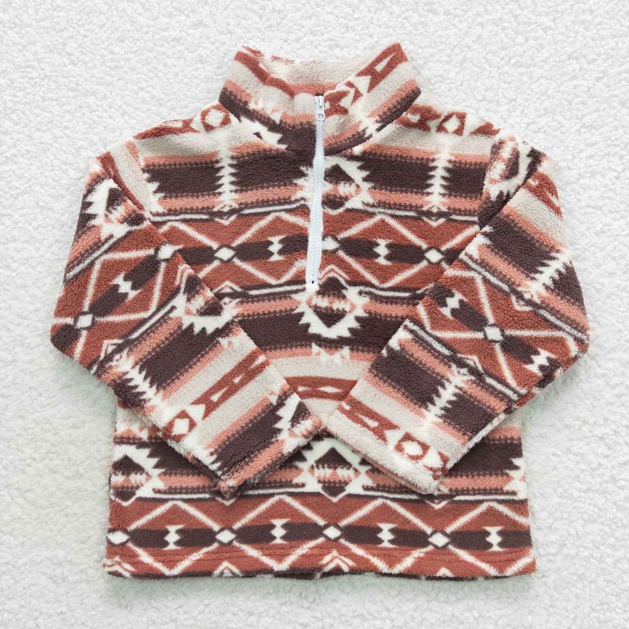 BT0369 aztec Geometric Red Brown Zip Fur Jacket Long Sleeve Top